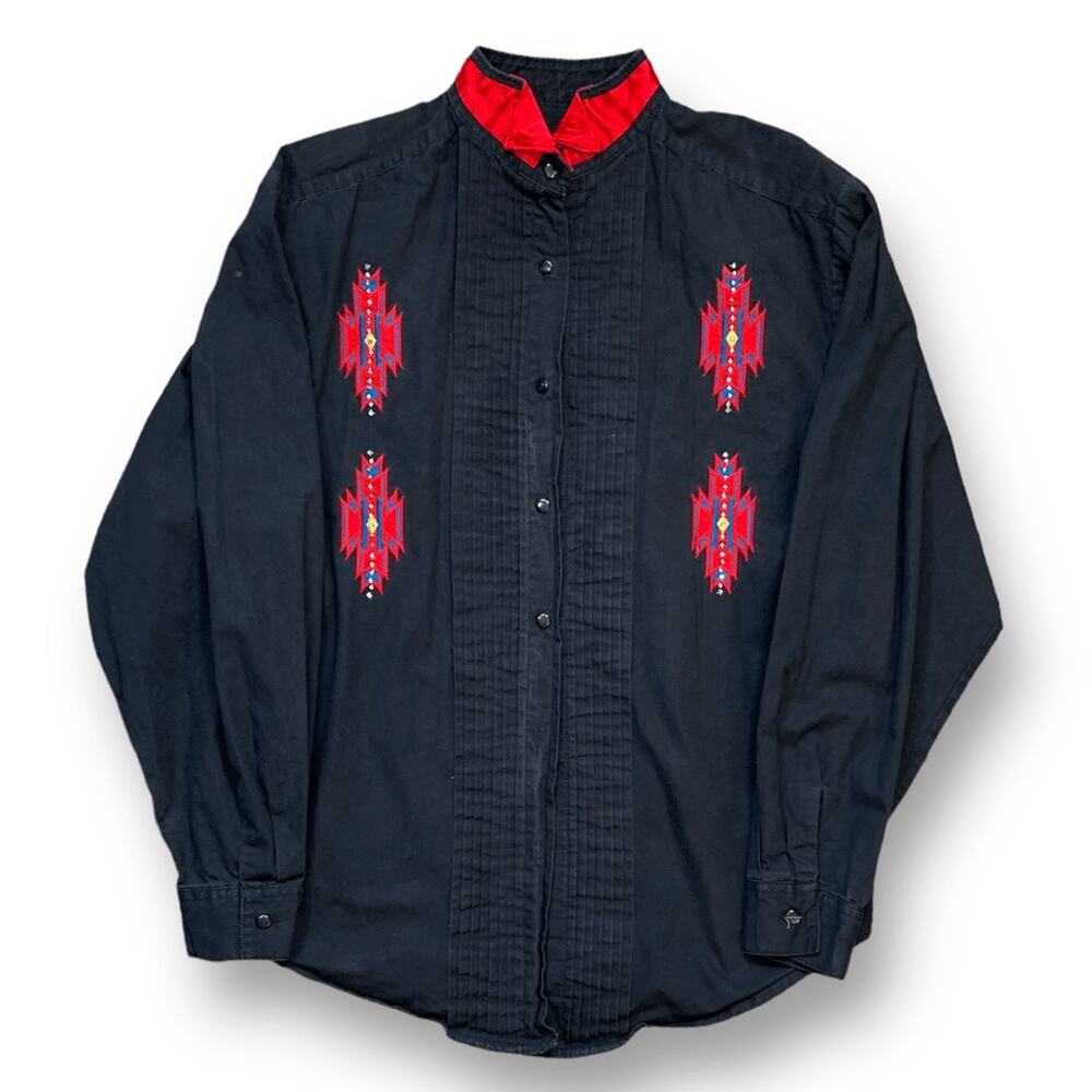 Vintage Wrangler Western Shirt Black Red Aztec Southwest Button Up Shirt